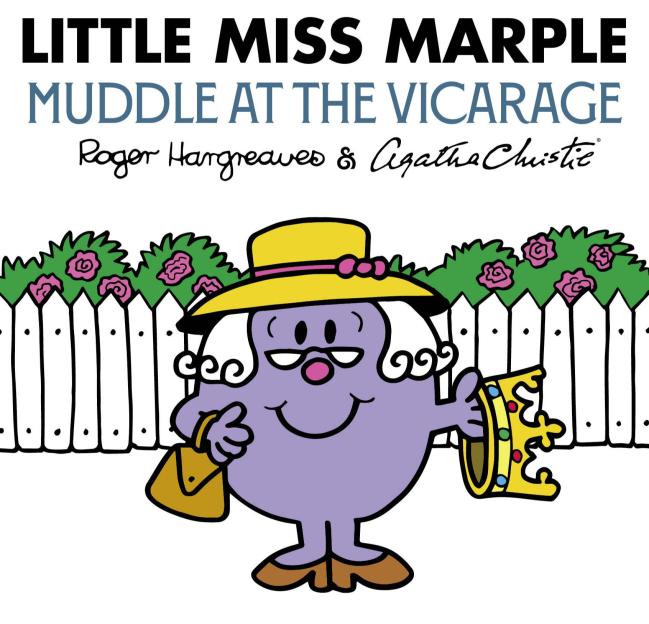 Illustration of Little Miss Marple with a yellow hat, holding a purse and a crown.