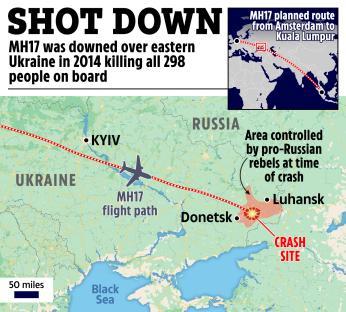 Map showing the flight path of MH17 and the crash site in eastern Ukraine.