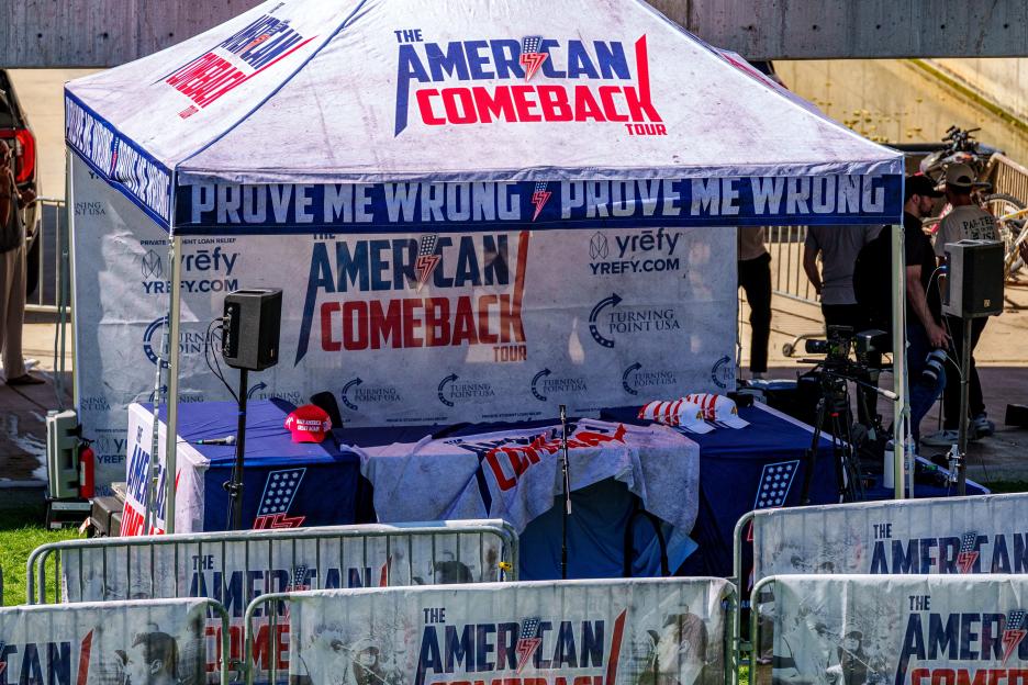 The scene after a shooting at a Charlie Kirk speaking event.
