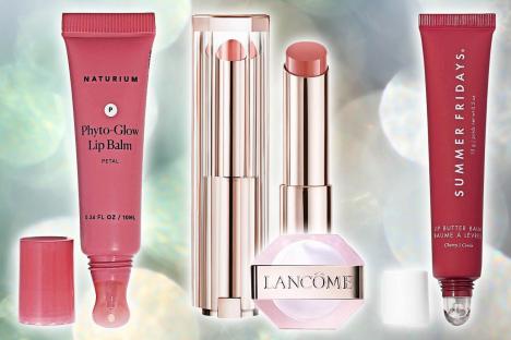 Collage of four different lip balms and lipsticks.