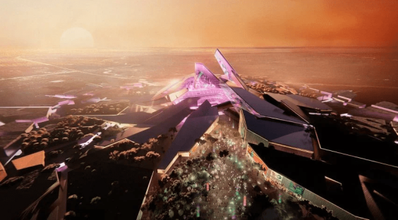 Illustration of a futuristic stadium complex.