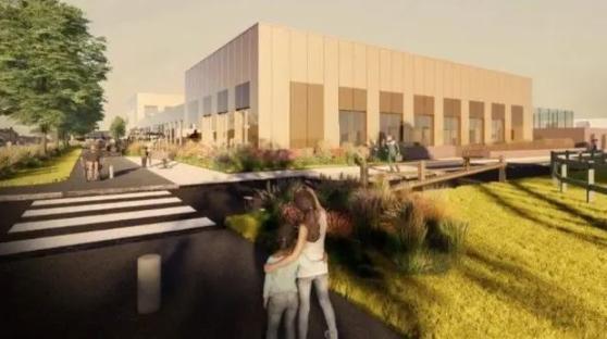 Illustration of a planned waterpark with surrounding landscaping and pedestrian areas.