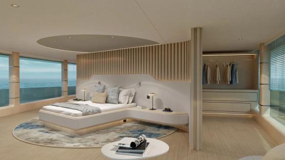 Illustration of a modern superyacht bedroom with ocean views.
