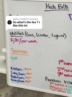Whiteboard listing teenage daughters' rent and utility fees.