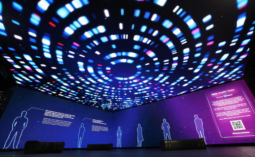 A "Bupa: Inside your Insides" installation at the Now Trending Gallery, showing information about DNA health tests and human silhouettes on a screen, with a patterned ceiling of blue, pink, and white lights.