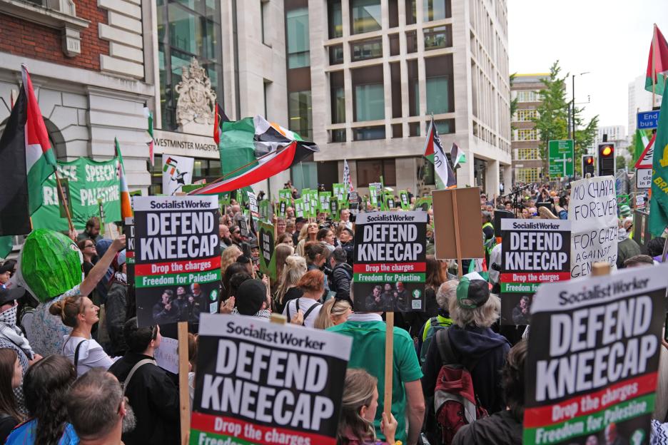 Protest outside Westminster Magistrates' Court in support of Kneecap.