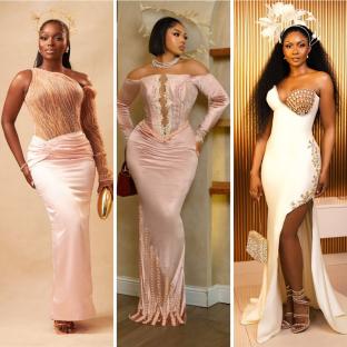 The Ladies Came in Blush, Beige & Big Fascinators for Priscilla Ojo & Juma Jux’s White Wedding