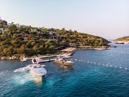 Aerial view of Macakizi beach club in Bodrum, Turkey.