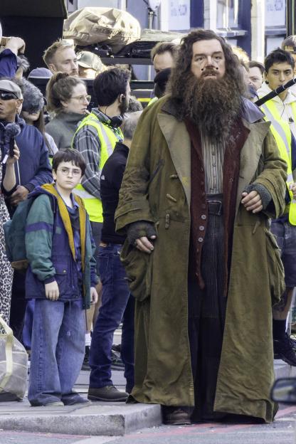 Nick Frost as Hagrid and Dominic McLaughlin as Harry Potter filming on Borough High Street.