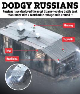 Illustration of a camouflaged battle tank with a ramshackle structure built around it.