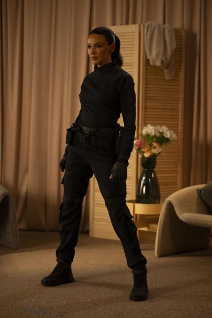 Michelle Keegan dressed as a commando for an ad campaign for Sky and Netflix.