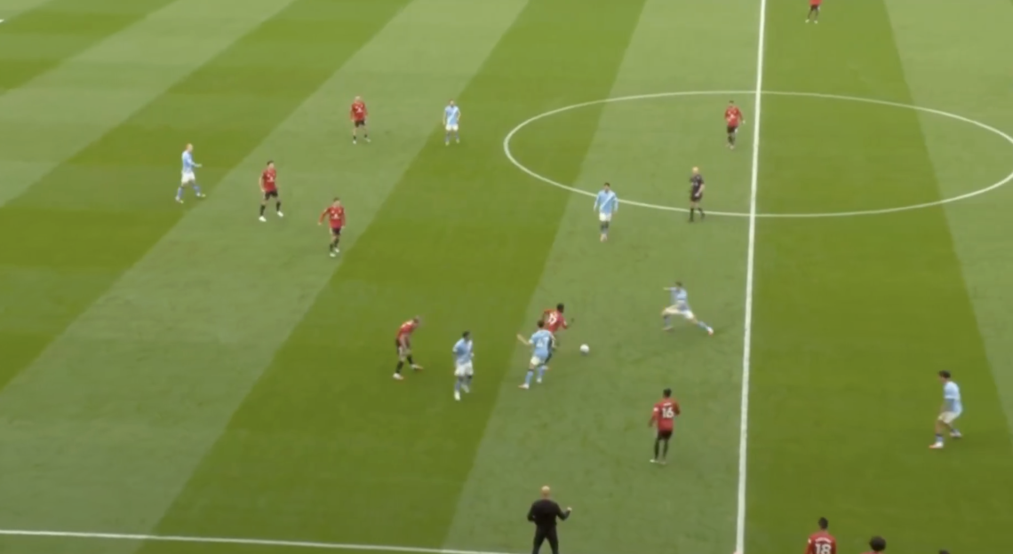 Screenshot of a soccer game in progress.