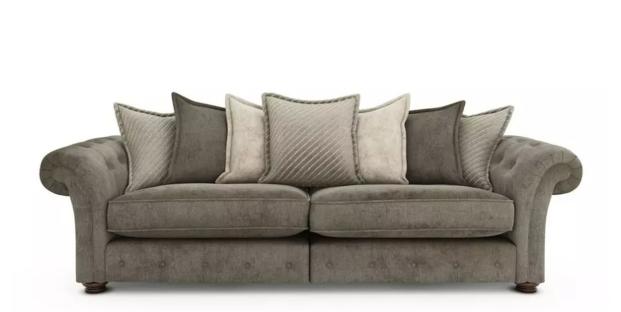 DFS website screenshot showing a Harlech Pillow Back Grande Sofa in Chocolate Combination.