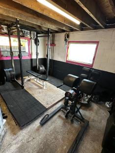 Home gym with squat rack, bench, and back extension machine.