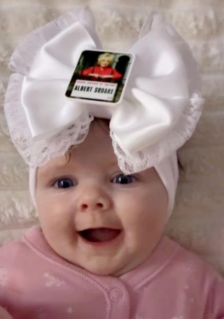 Collage of a woman with an open mouth and a baby with a bow.