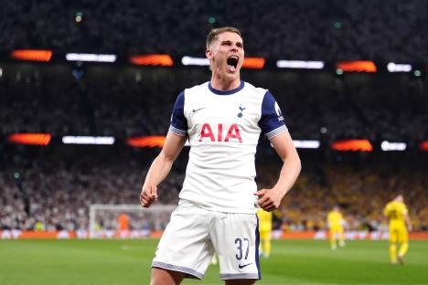 Micky van de Ven celebrating a Tottenham Hotspur goal.