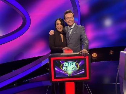 Stephen Mulhern and Felicity Cross on the set of Catchphrase.