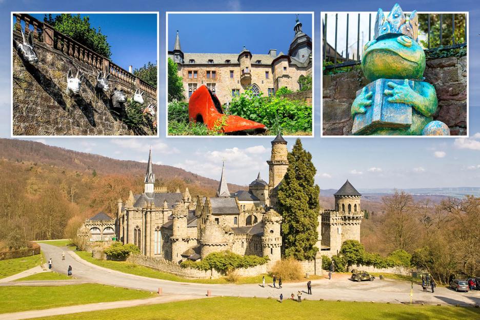 Collage of Kassel, Germany, including a castle, animal sculptures, a giant shoe, and a frog statue.