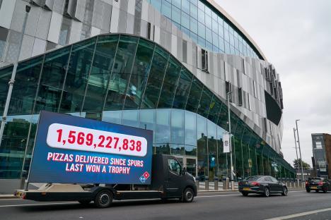 Domino's pizza truck displaying the number of pizzas delivered since the Spurs last won a trophy.