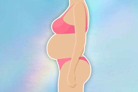 Illustration of a woman's body in pink underwear, showing a pregnant belly.