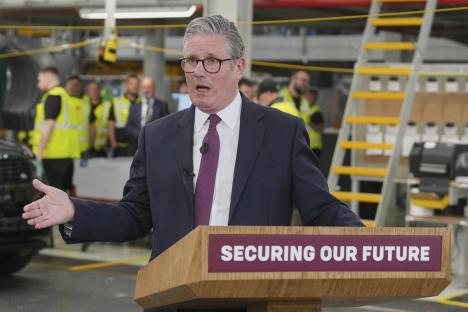 Keir Starmer speaking at a podium that reads "Securing Our Future."
