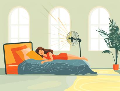 Illustration of a woman sleeping in bed with a fan in a sunny room.