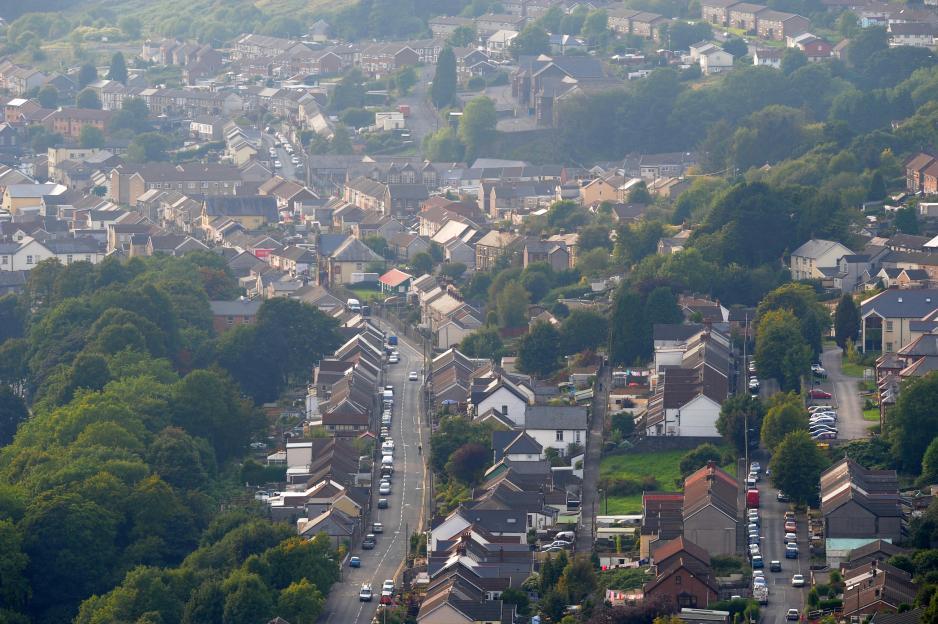 Aerial view of Tonypandy, Rhondda Valleys, South Wales.