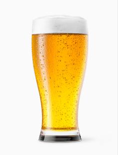 Glass of beer with condensation.