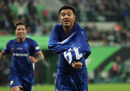 Jadon Sancho celebrates scoring a goal for Chelsea.