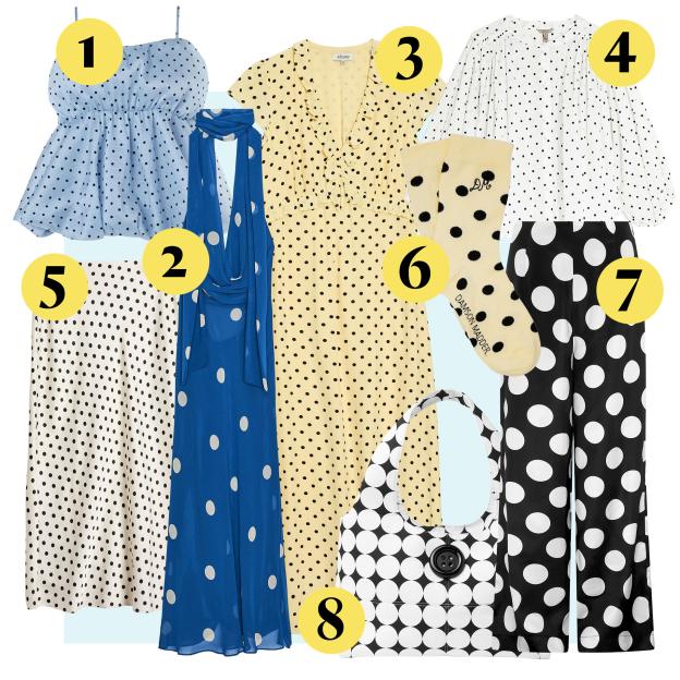 Collage of polka dot clothing and accessories.
