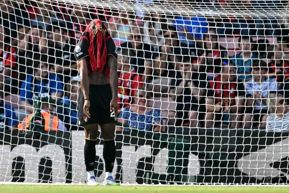 Antoine Semenyo reacts after missing a goal.