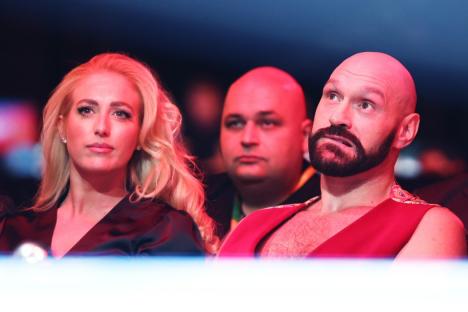 RIYADH, SAUDI ARABIA - MARCH 08: Tyson Fury and his wife Paris Fury are seen ringside during the Heavyweight fight between Roman Fury and Martin Svarc on the Knockout Chaos boxing card at the Kingdom Arena on March 08, 2024 in Riyadh, Saudi Arabia. (Photo by Richard Pelham/Getty Images)