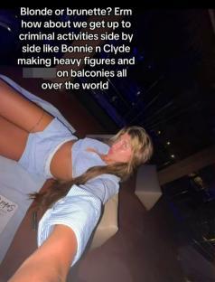 Photo of a young woman lying down, with text overlay suggesting criminal activities.