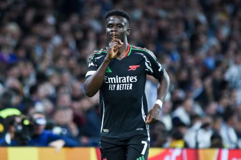 Bukayo Saka of Arsenal celebrating a goal.