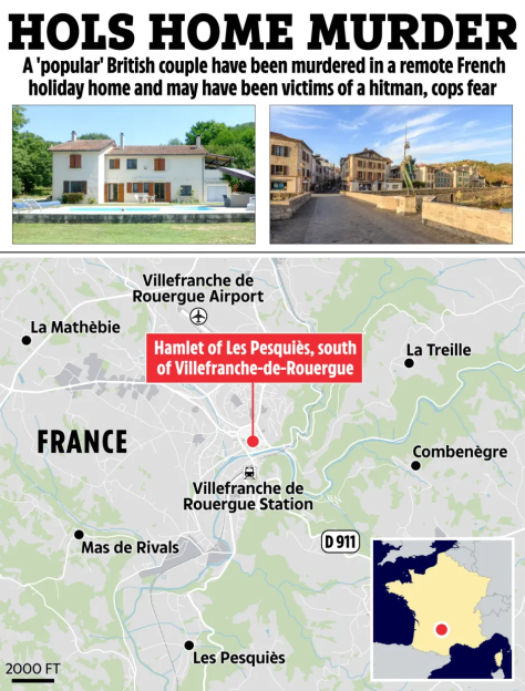 Illustration of a map showing the location of a murder in France, along with photos of the house and the village.