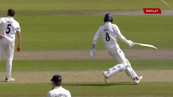 Replay of a cricketer dropping his phone while running.