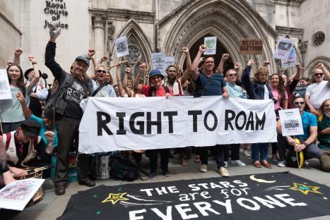 Protestors at the Royal Courts of Justice advocating for wild camping rights on Dartmoor.