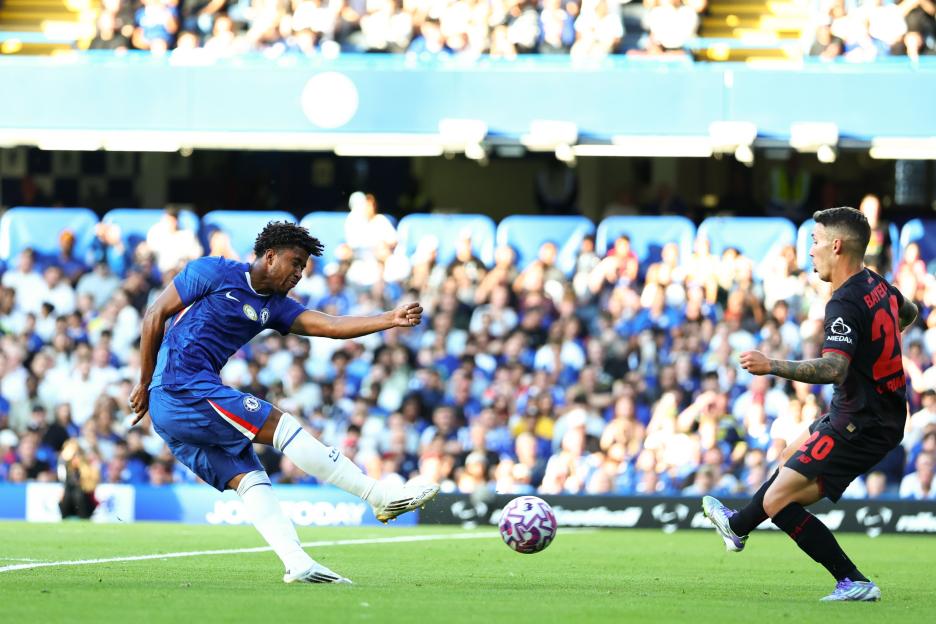 Andrey Santos of Chelsea taking a shot on goal.