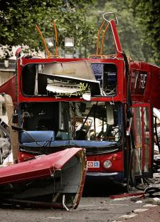 Bomb-damaged double-decker bus in London.