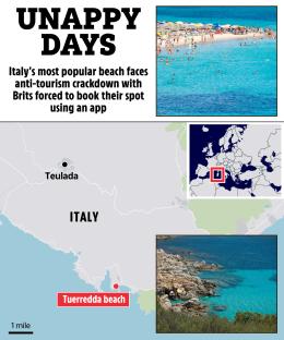 Illustration of Tuerredda beach in Italy, showing its location on a map and crowded beach scene, with text about anti-tourism measures.