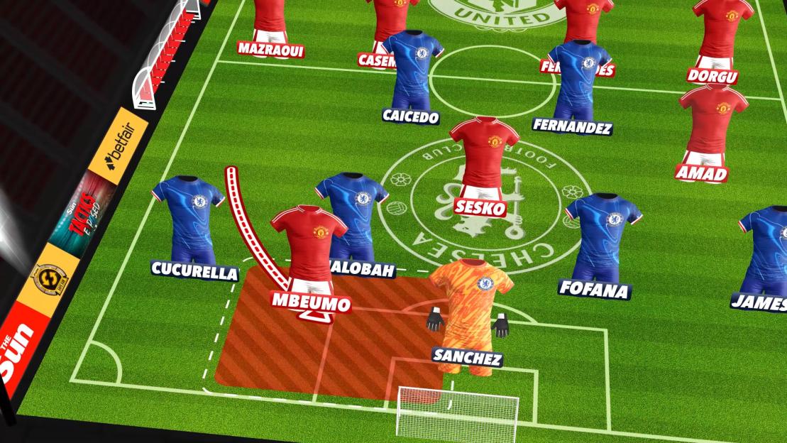 Illustration of a soccer field with players from two teams, red and blue, showing a tactical graphic for a match.