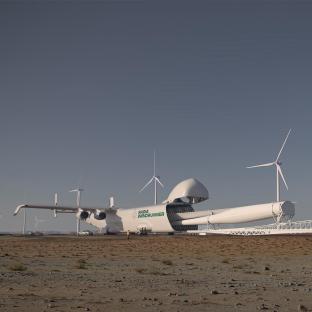 Illustration of the WindRunner, a large cargo plane designed to transport wind turbine blades.