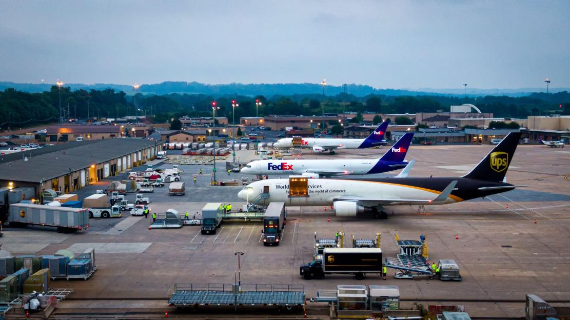 Harrisburg , Pennsylvania / United States - 08 16 2019: Busy morning at Harrisburg International Airport's cargo terminal area, UPS and FedEx cargo