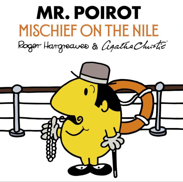 Illustration of the book cover for Mr. Poirot: Mischief on the Nile, featuring Mr. Poirot on a ship deck.