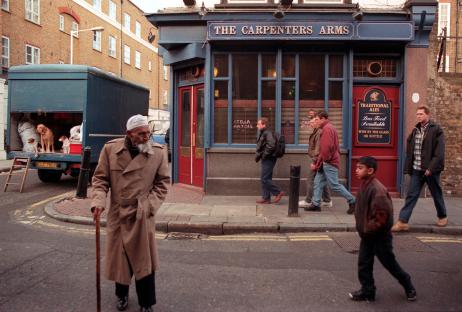 Scene outside The Carpenters Arms pub in London's East End.