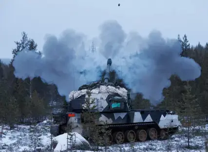 Self-propelled howitzer firing in Lapland, Finland.