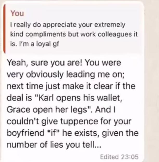 A text message conversation where "You" states they are a loyal girlfriend, and the other person responds with an insulting message about leading them on.