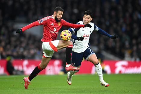 Noussair Mazraoui of Manchester United controls the ball during a match against Tottenham Hotspur.