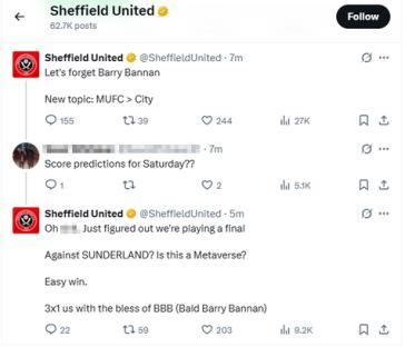Screenshot of Sheffield United's X posts mentioning Barry Bannan.