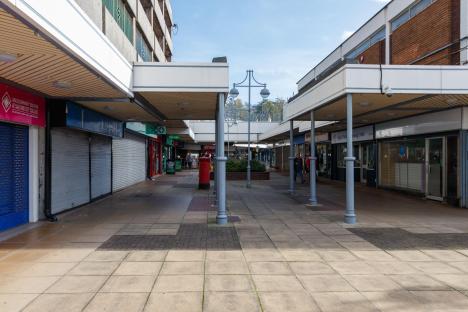 Mostly empty shopping center in Eccles, Greater Manchester.